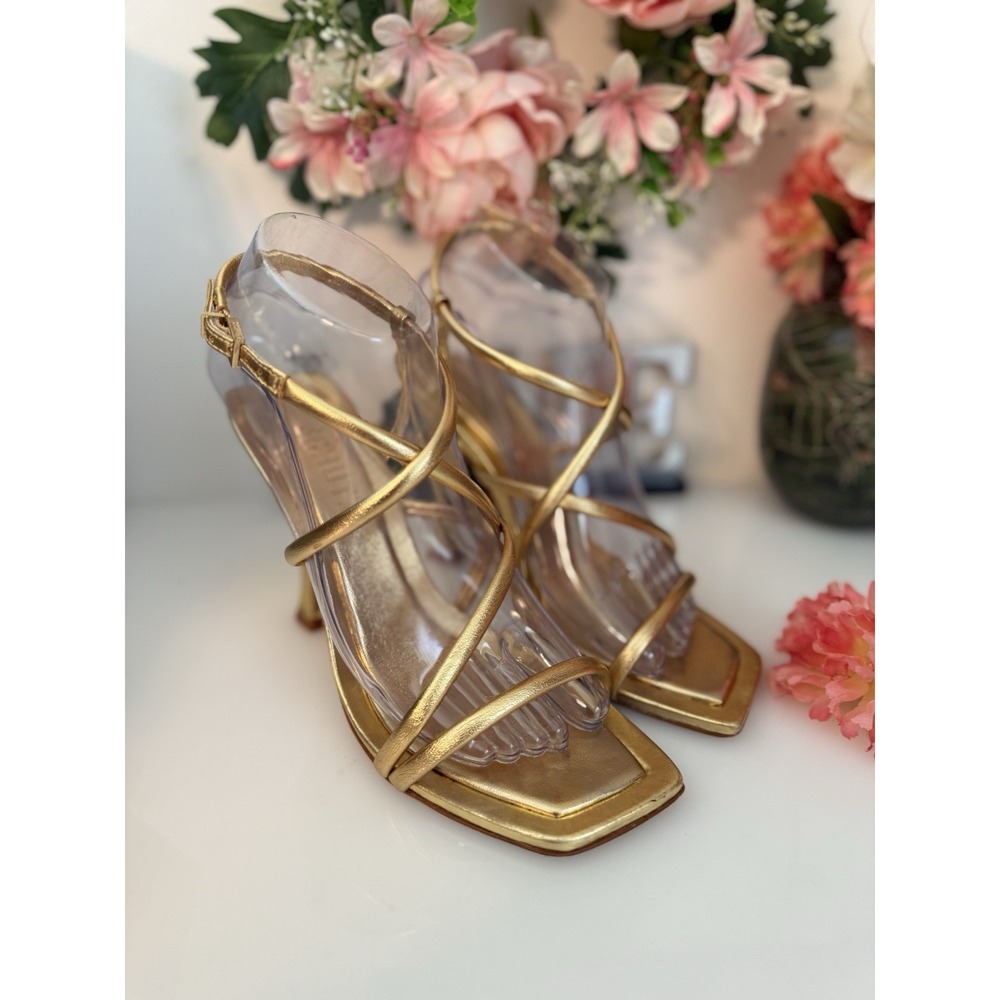Schutz Womens Lovi Metallic Gold Tone Leather Strappy 4.5" Square Heels Sz 7.5B - Picture 11 of 16